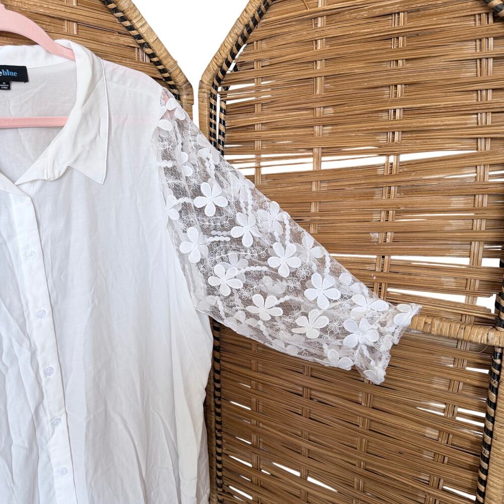 Plus size 3X white button front blouse with lace floral balloon sleeves dopamine - Picture 4 of 6